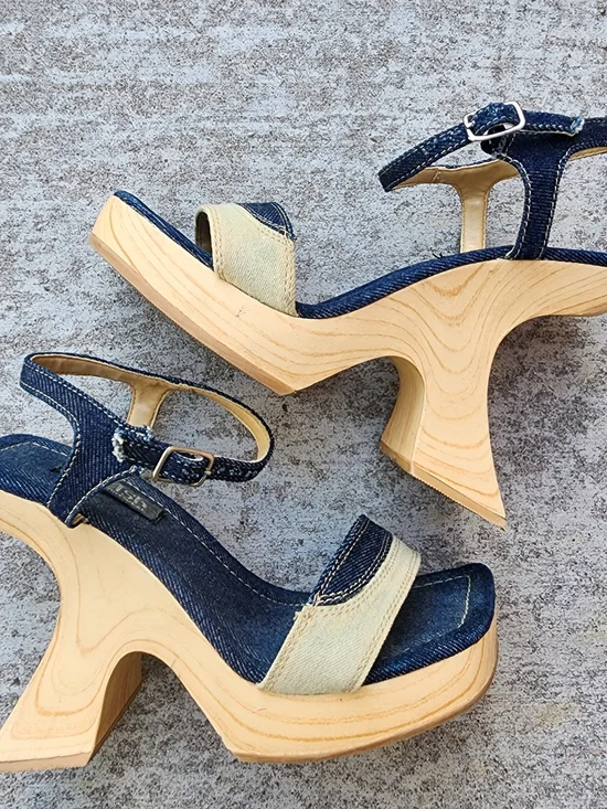 Vintage Y2K Splash Denim Platform Unique Cutout Heel Platform Sandals, Sz 6 - Picture 3 of 10